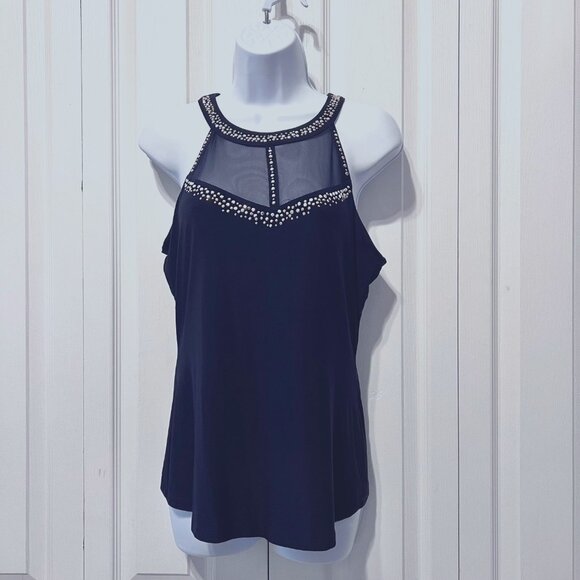 Cache-NWT-Navy Mesh/Gold/Silver Beaded Sleeveless Top-Sz. Medium-Fancy-Built Bra - Picture 3 of 13